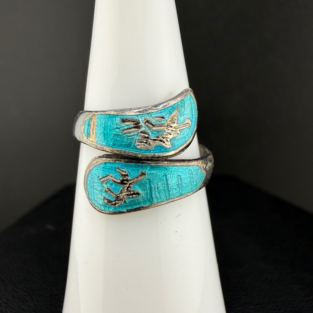 Vintage Sterling Silver Siam Bypass Ring Blue Enamel Asian Symbol Size 4.5